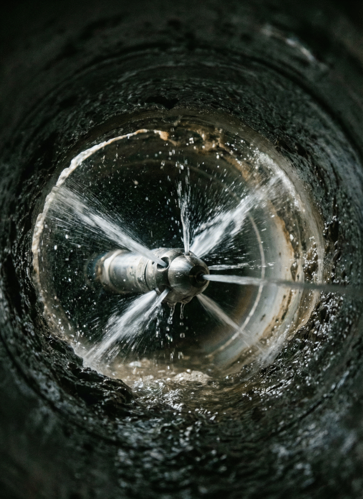 hydrojet cutting through the grime in a pipe