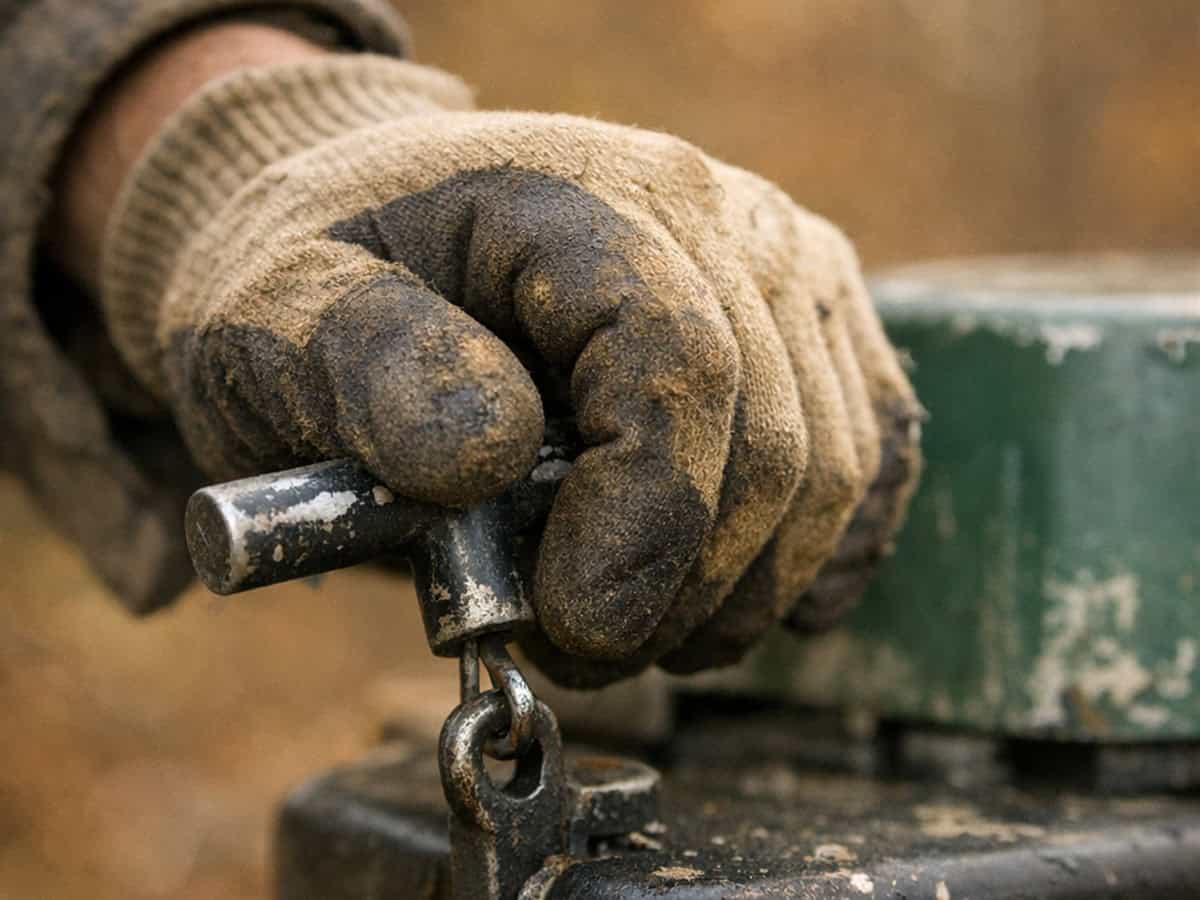 Gloved technician hand on a septic pump fitting during a Barberton, OH service call