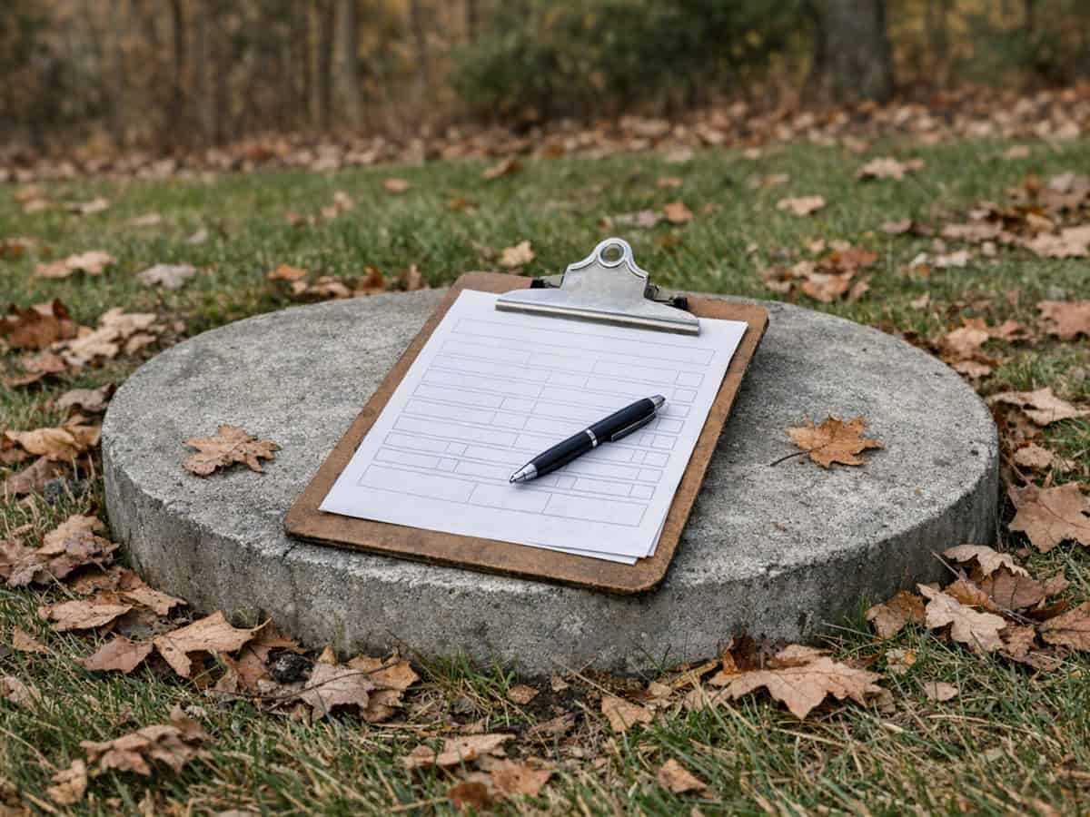 Septic inspection form on a tank lid for a Barberton, OH septic inspection