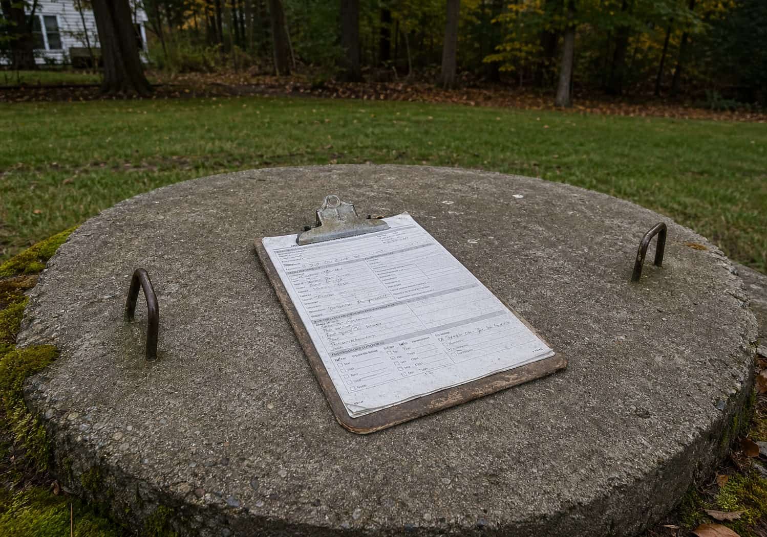 Septic inspection form on a tank lid for a Cuyahoga Falls, OH septic inspection