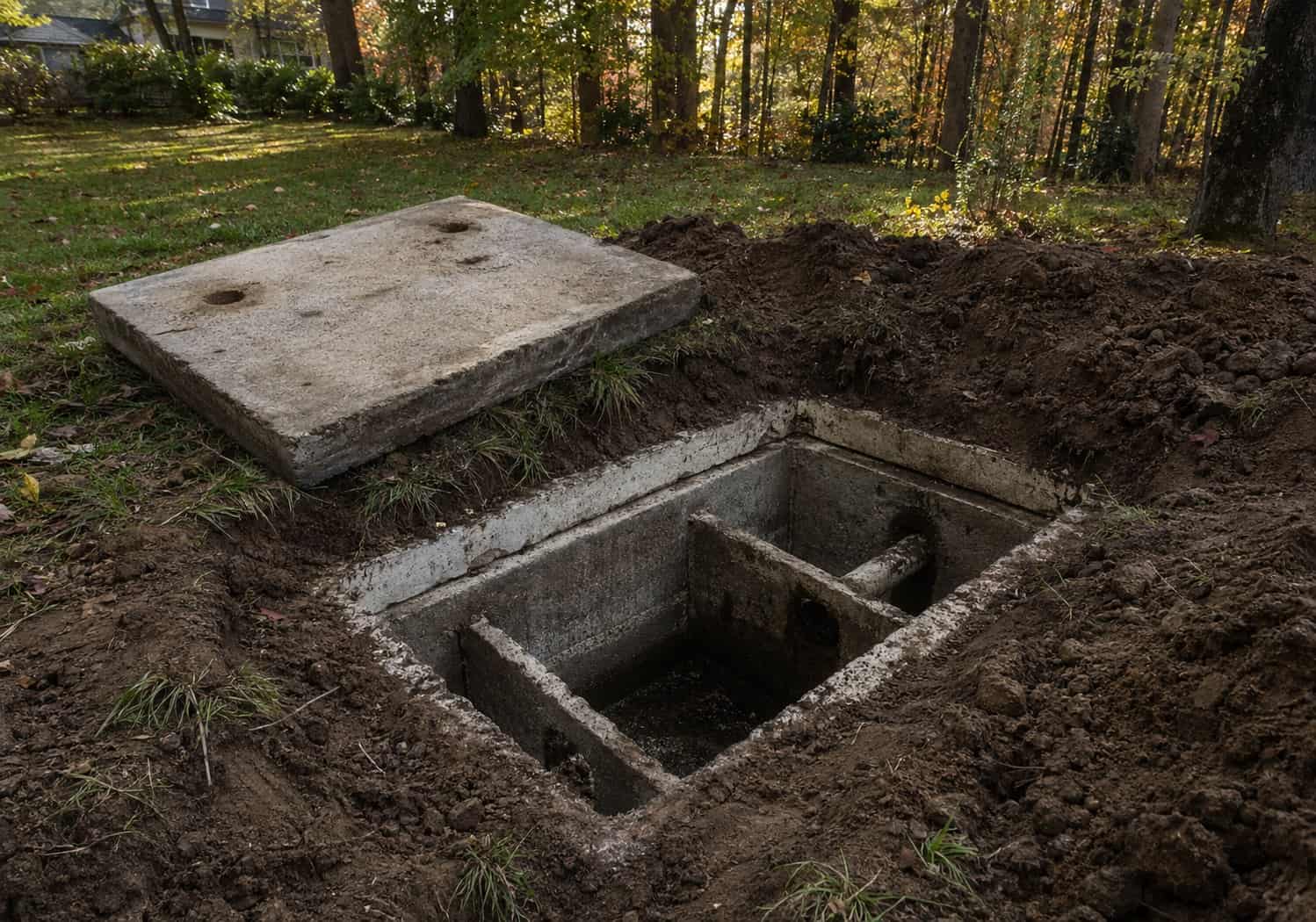 Uncovered concrete septic tank ready for septic service in Cuyahoga Falls, OH