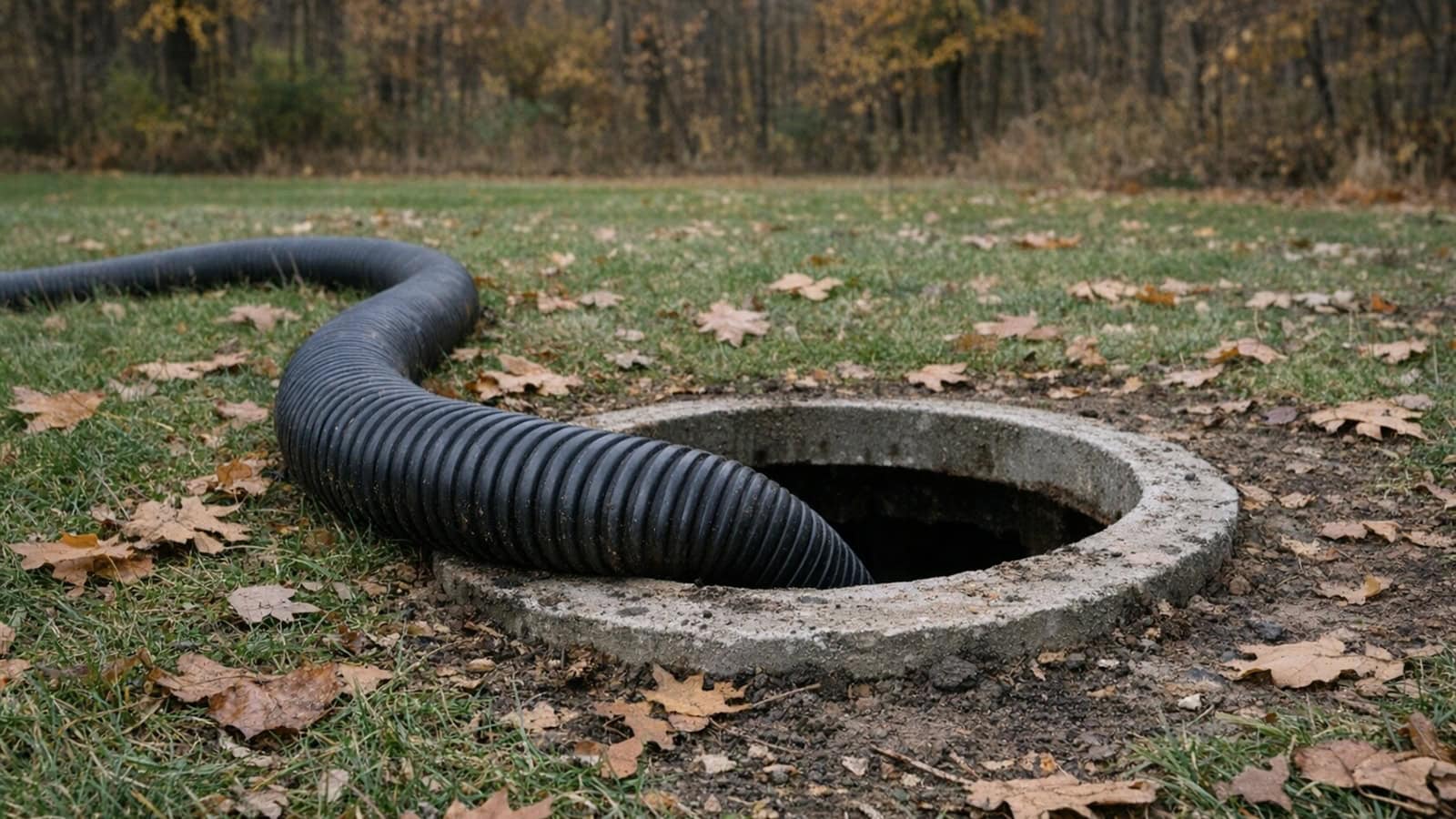 Vacuum hose feeding into an open septic tank during septic pumping in Barberton, OH