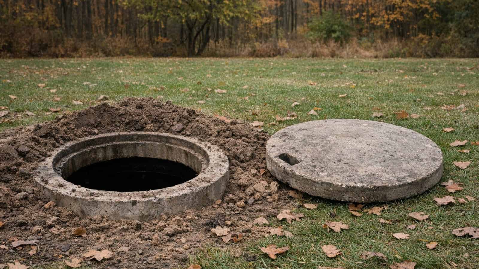 Uncovered concrete septic tank ready for septic service in Barberton, OH