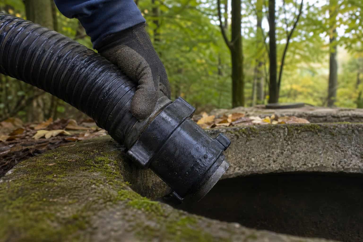 Gloved hand on a vacuum hose fitting at the tank opening during septic pumping on a Peninsula, OH property