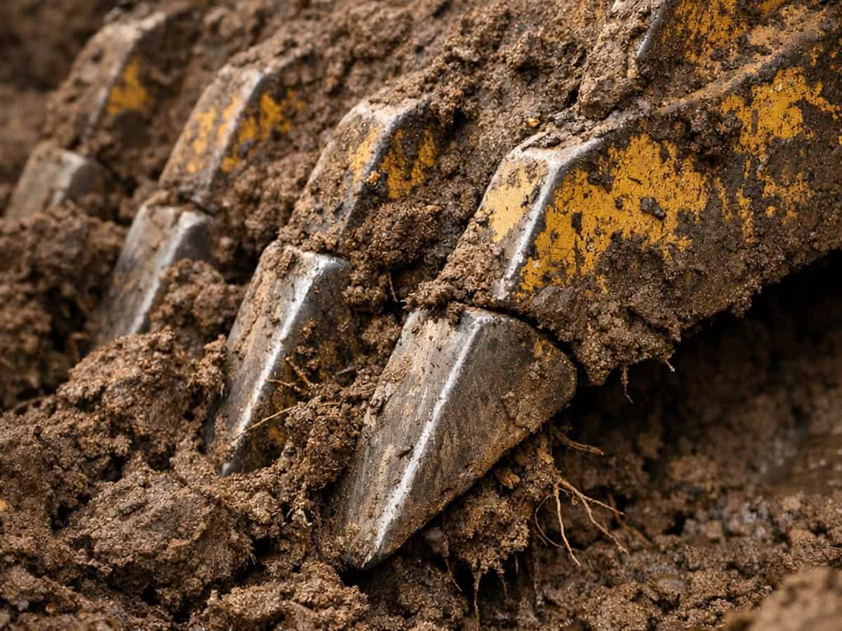 Backhoe bucket teeth biting into damp soil during a Wooster, OH septic install