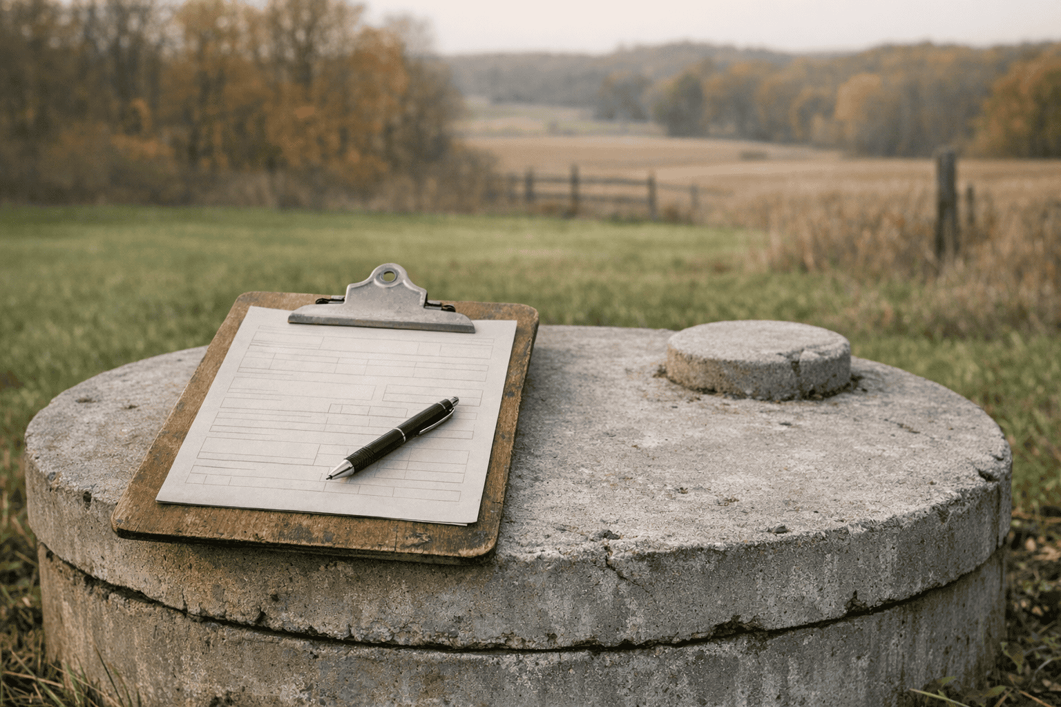 Septic inspection form on a closed tank lid for a Wooster, OH septic inspection