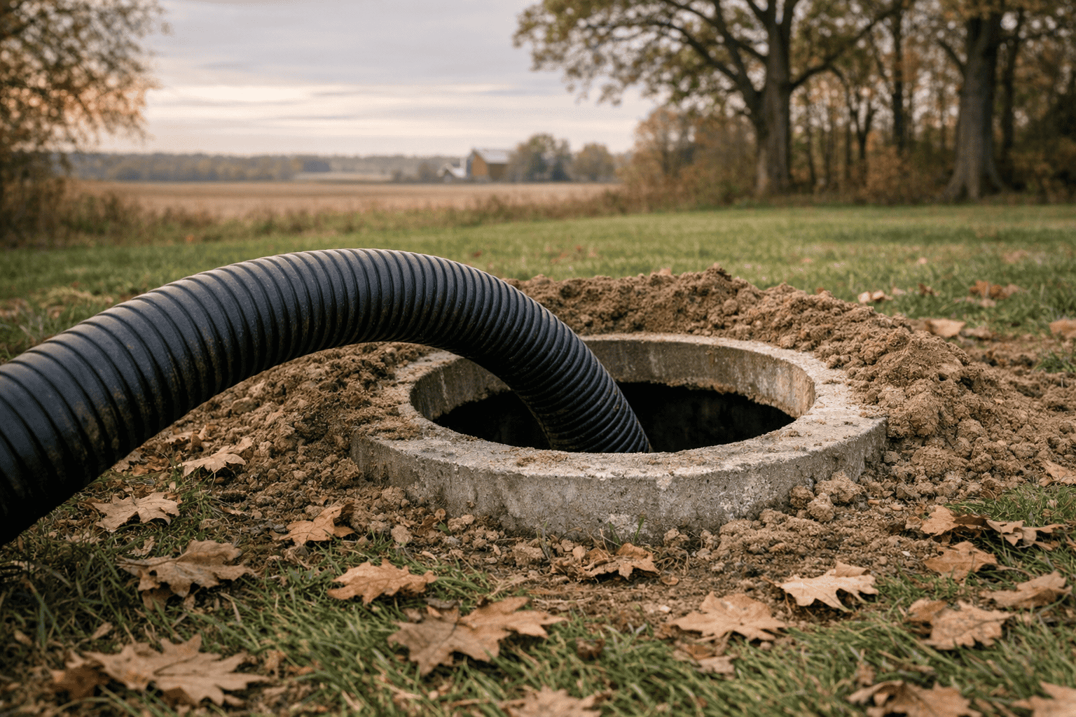 Vacuum hose feeding into an open septic tank during septic pumping on a Wooster, OH rural property