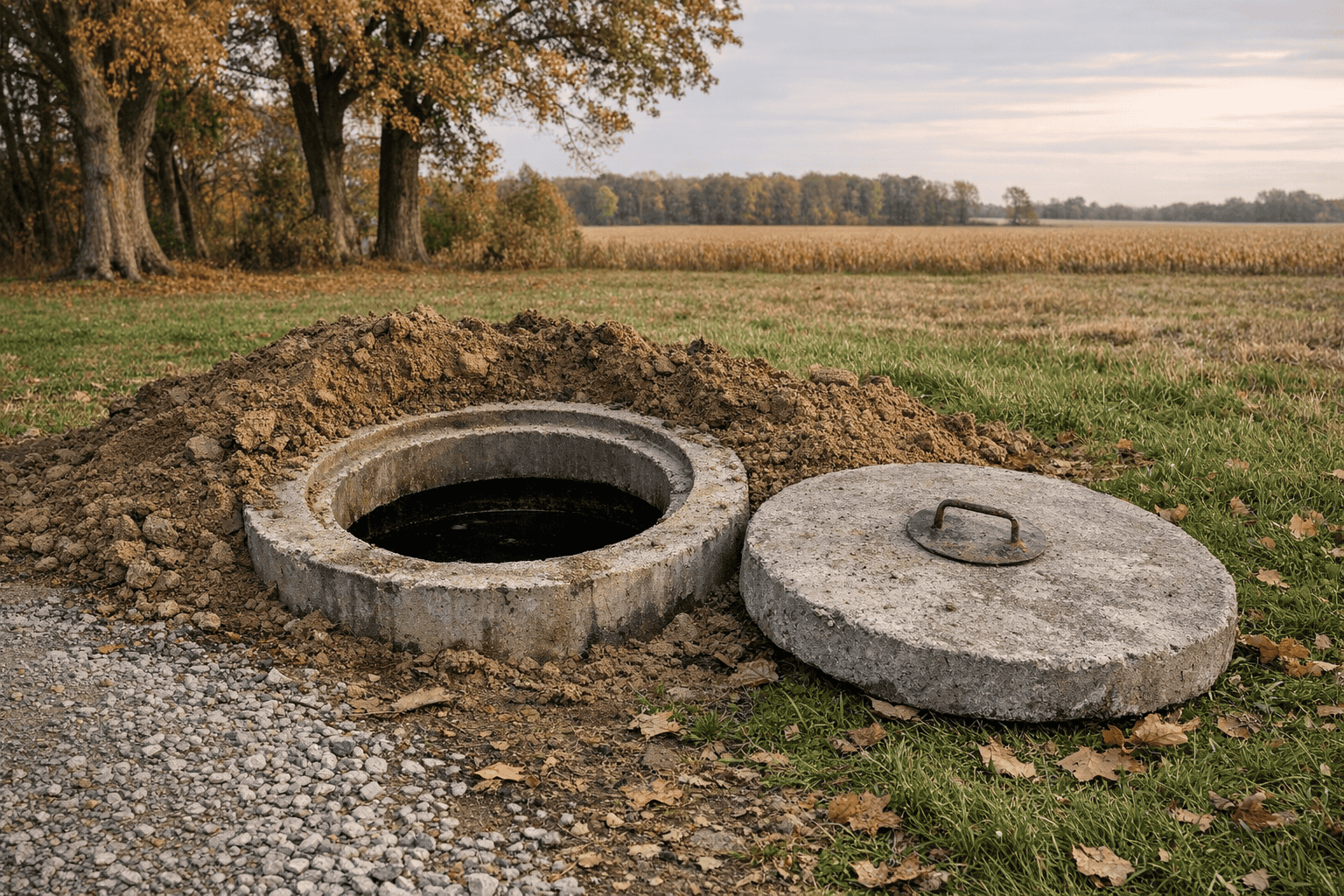 Uncovered concrete septic tank ready for service on a rural Wooster, OH property