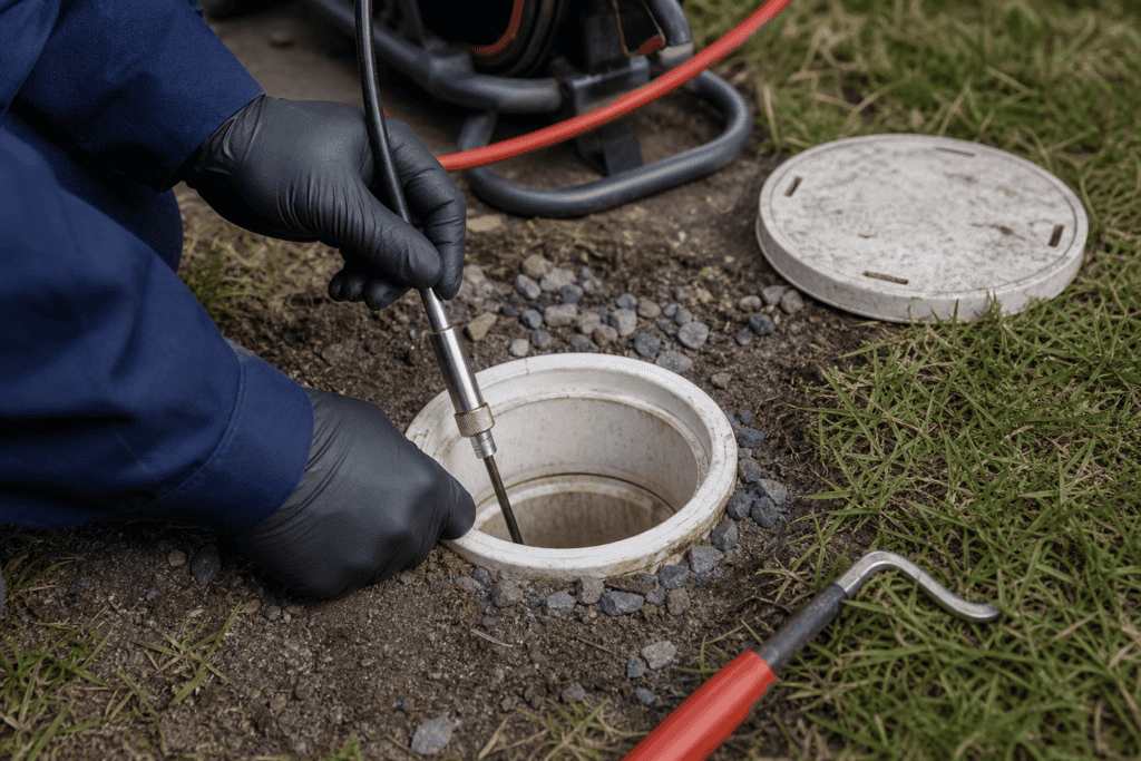 Technician inspecting a septic leach field access port while diagnosing a clogged leach drain line