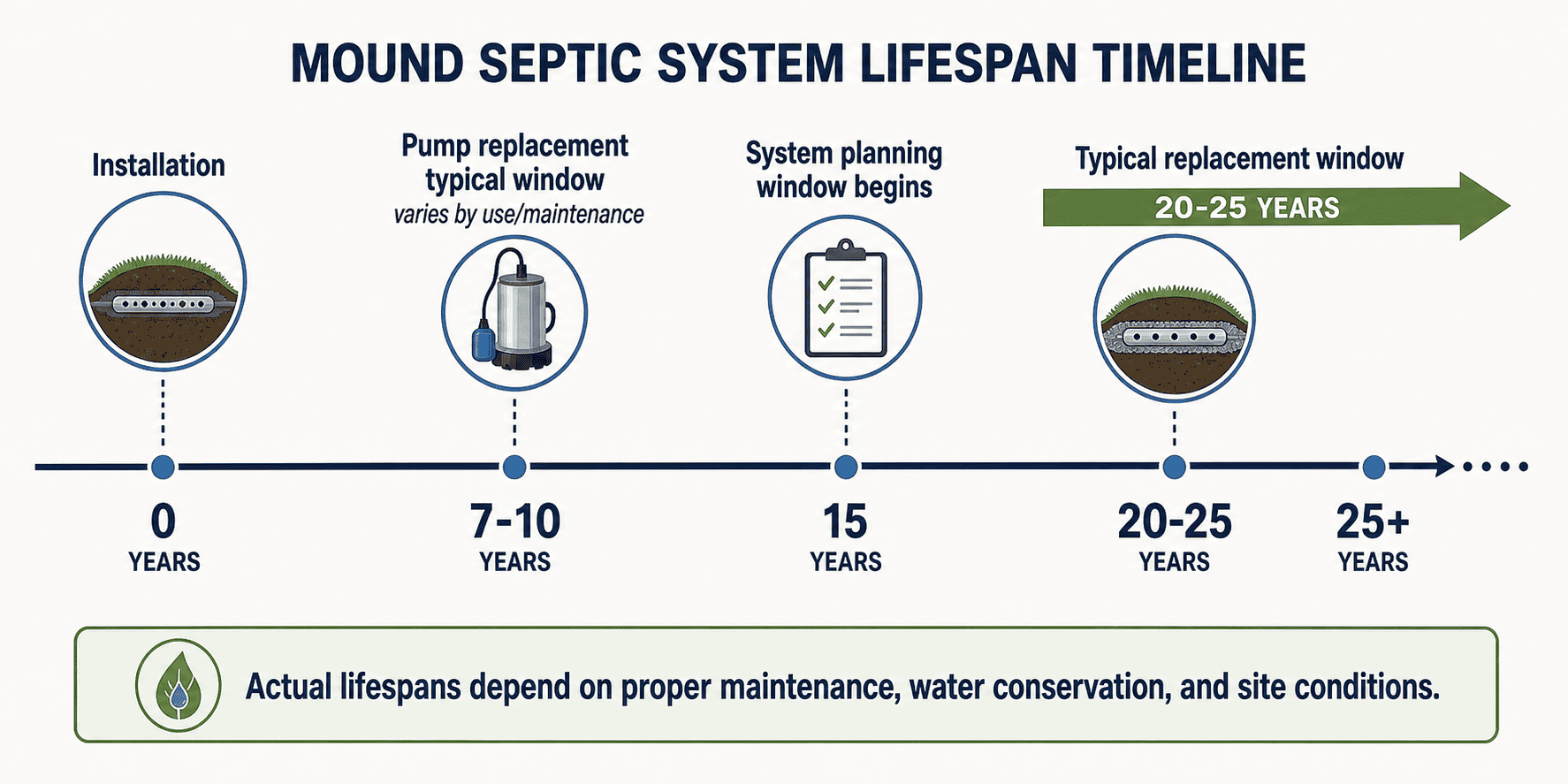 Mound septic system lifespan timeline showing pump replacement, planning window, and typical 20 to 25 year replacement range