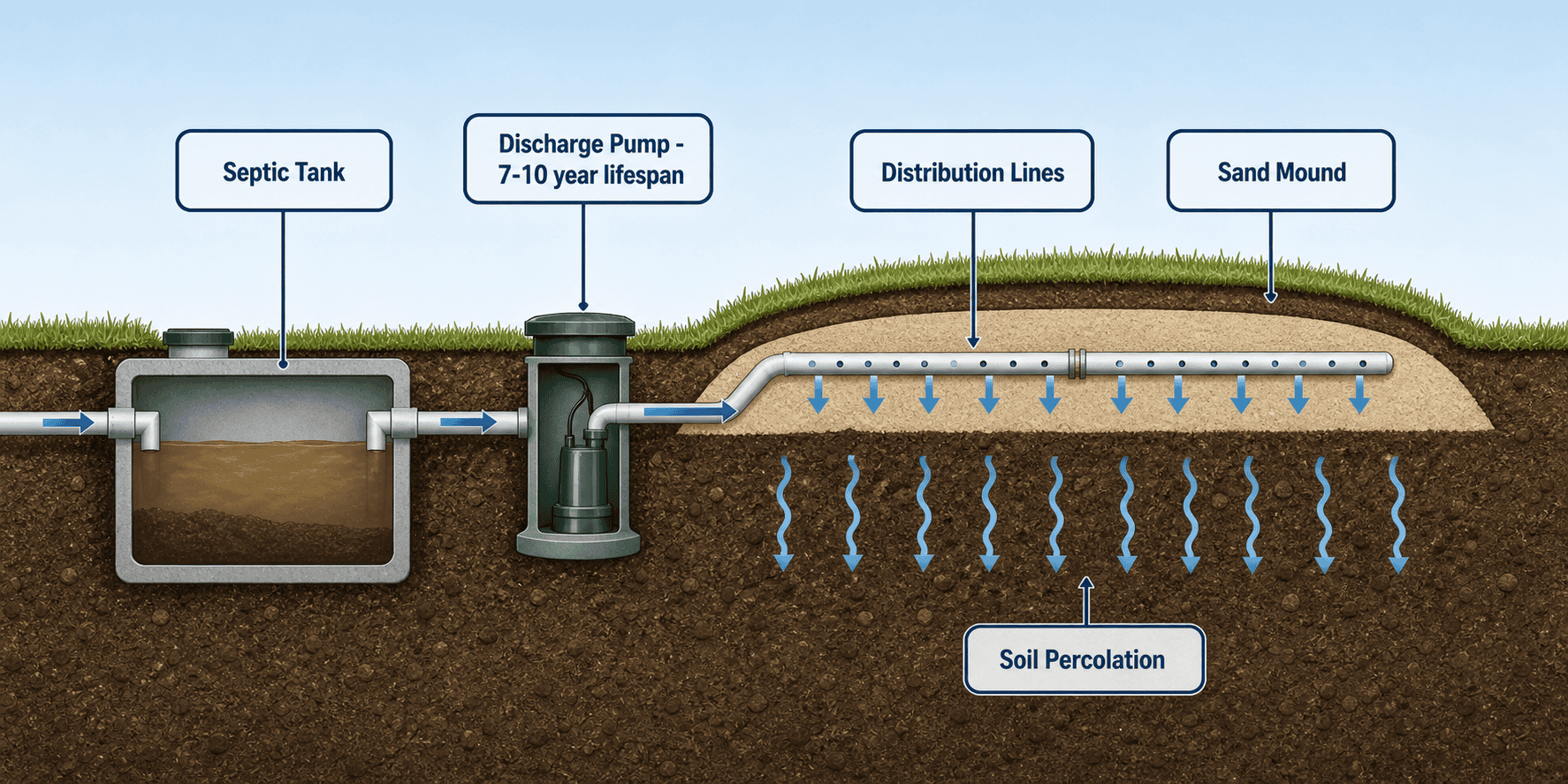 Mound septic system component diagram showing septic tank, discharge pump, distribution lines, sand mound, and soil percolation