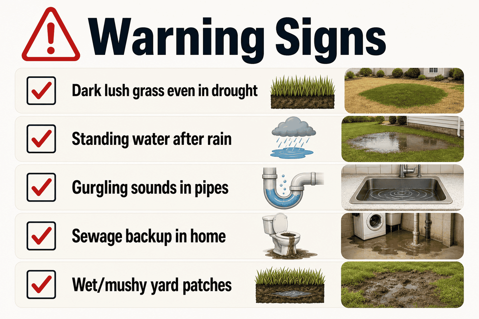Warning signs of a failing leach field including lush grass, standing water, gurgling pipes, sewage backup, and wet yard patches