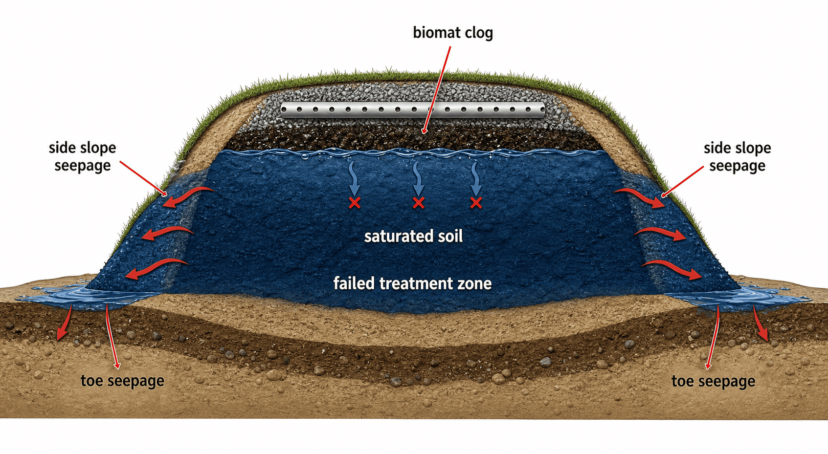 Diagram of a failing mound septic system showing biomat clog, saturated soil, side slope seepage, and toe seepage