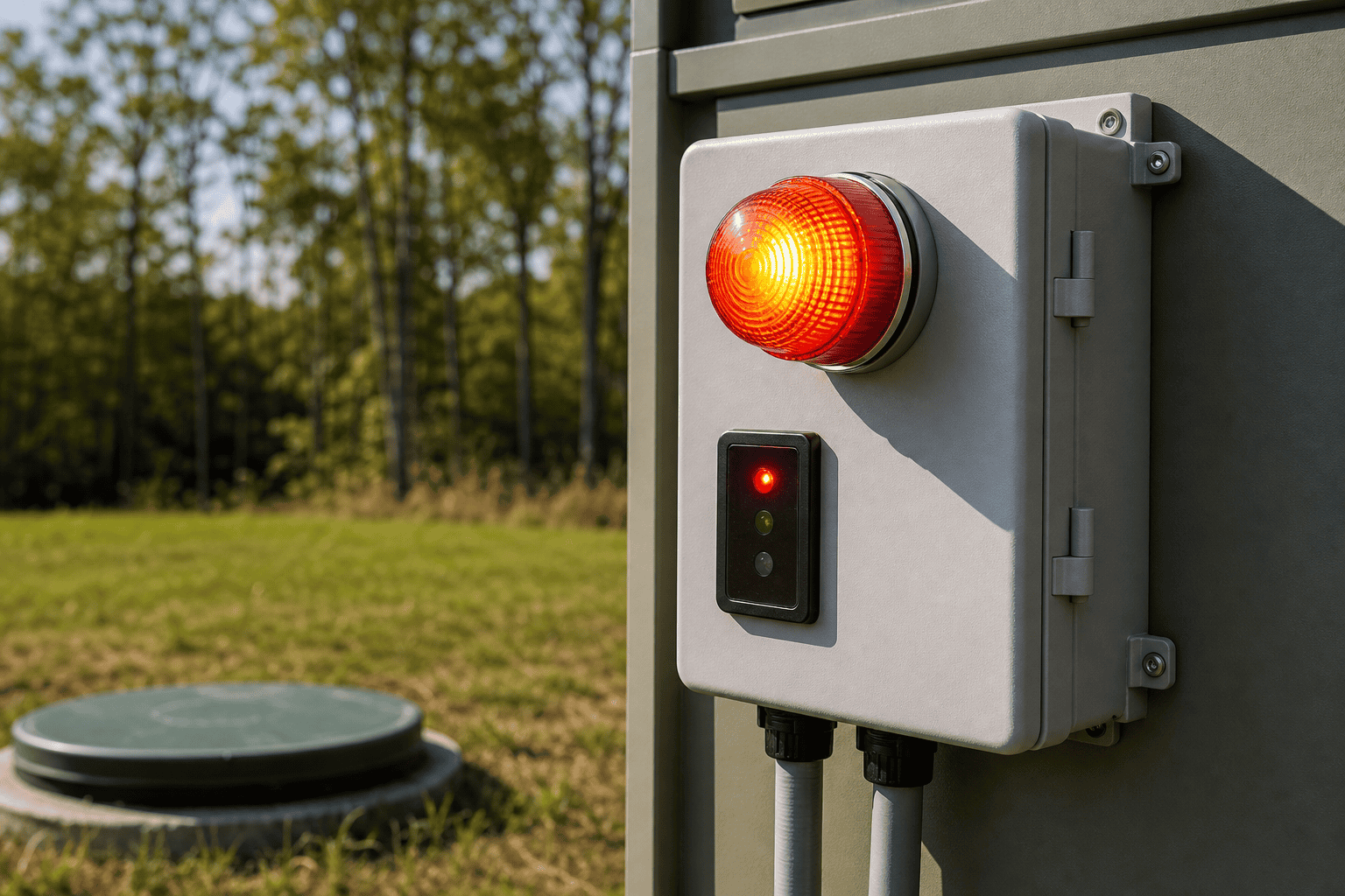 Mound septic system high water alarm light on a control panel near the septic access lid