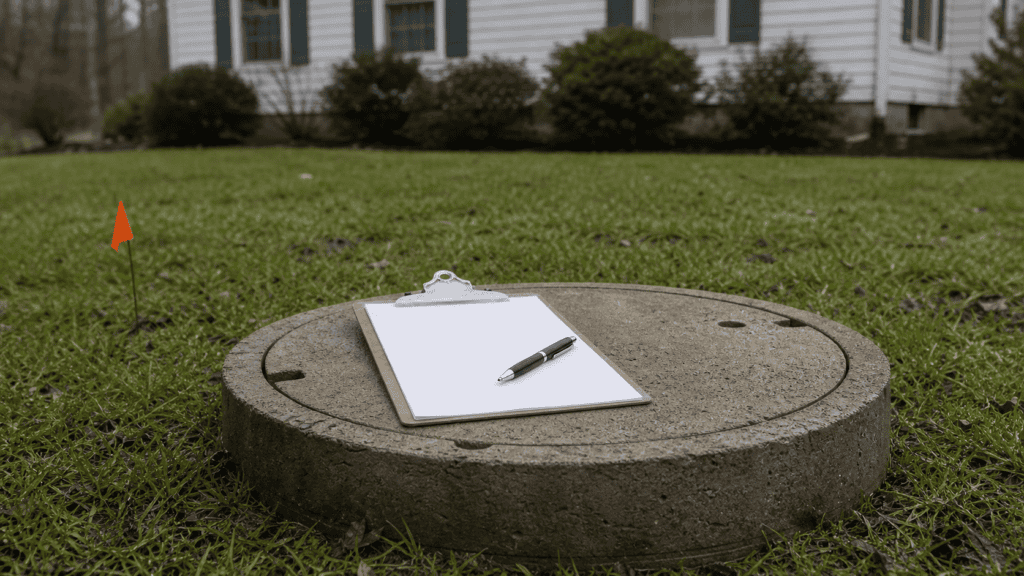 Failed septic inspection report clipboard on a concrete septic tank lid before a Northeast Ohio real estate closing