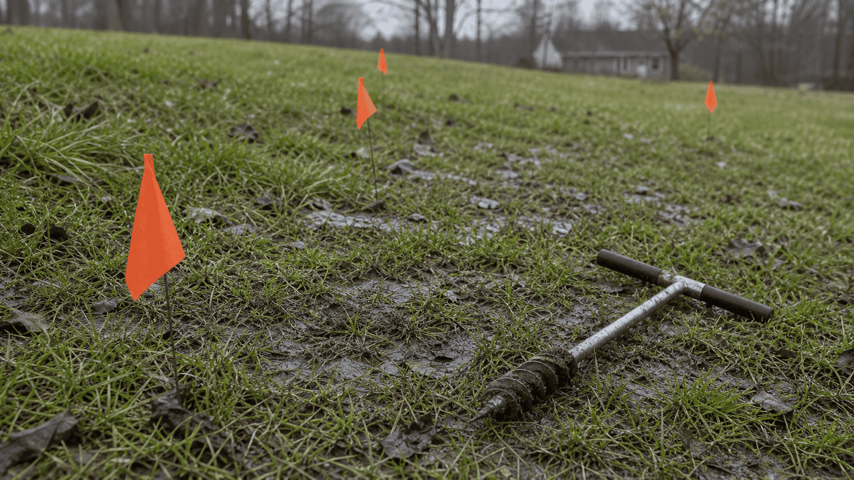 Wet septic field with marking flags and a soil probe for failed septic system replacement planning in Ohio