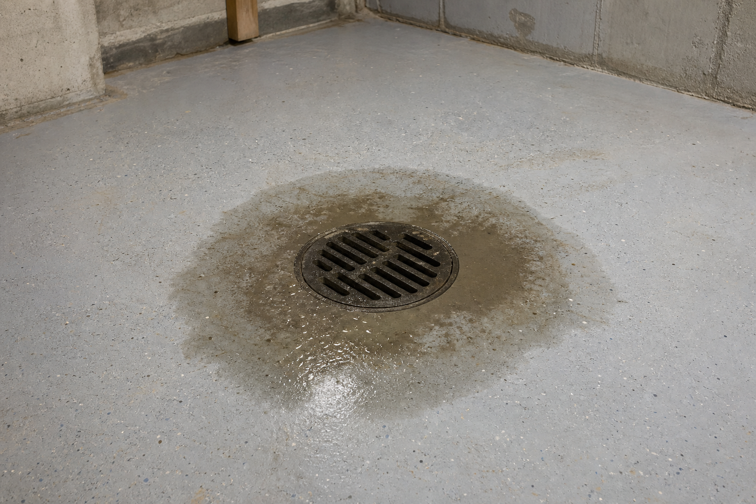 Round cast-iron basement floor drain with dirty water pooling around it from a septic backup