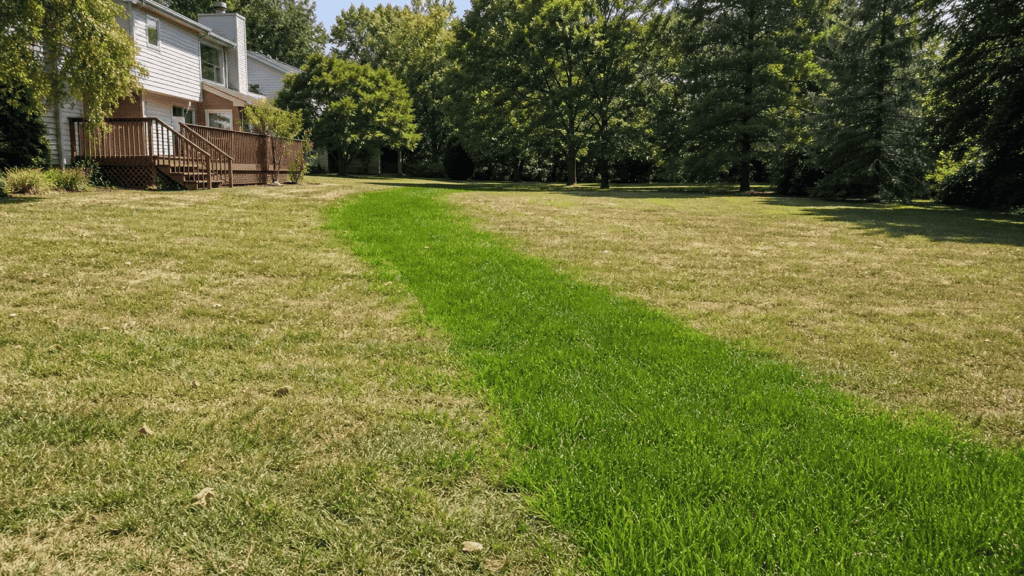 Bright green strip across an Ohio residential lawn marking a septic drainfield