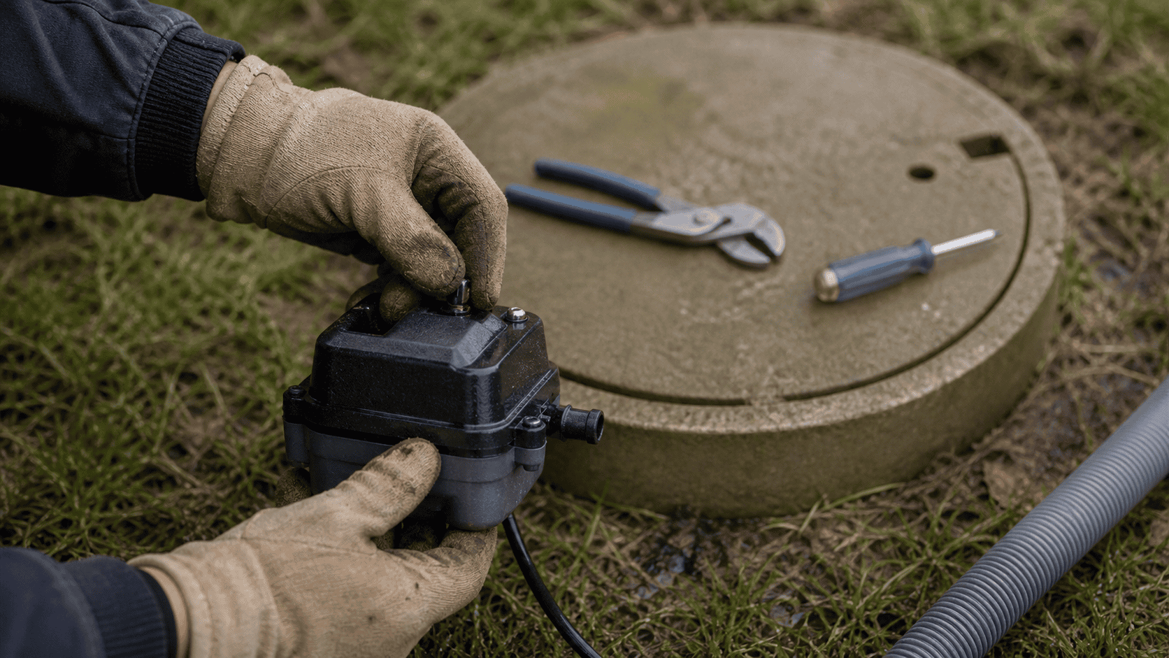Gloved hands checking a septic aerator or pump component during a repairable failed septic inspection service visit