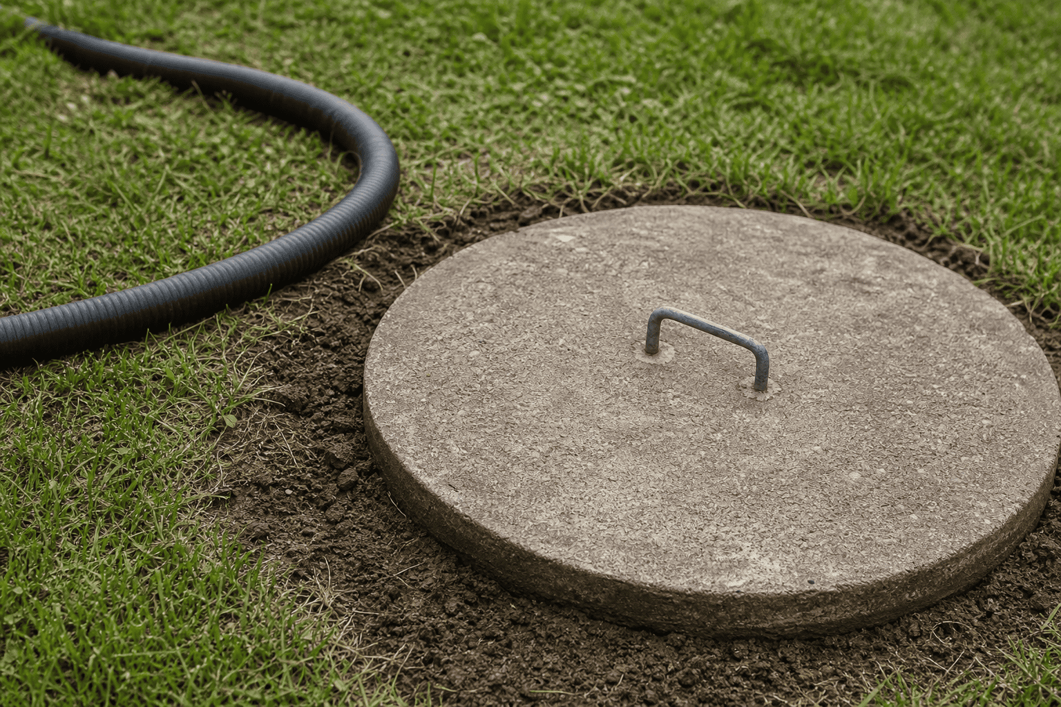 Concrete septic tank lid with pump-out hose at the access opening
