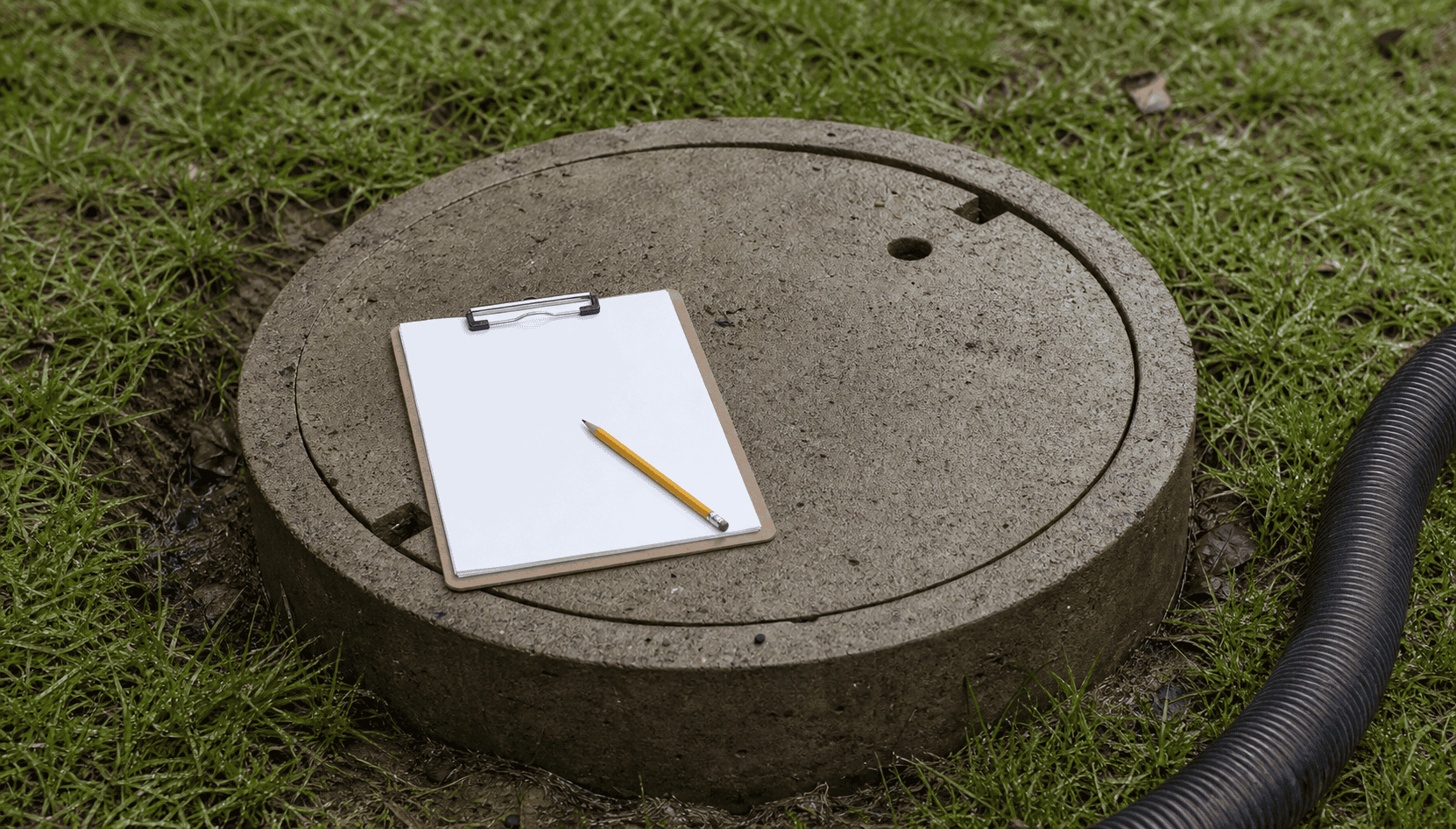 Clipboard on a concrete septic tank lid for septic tank pumping access questions in Northeast Ohio