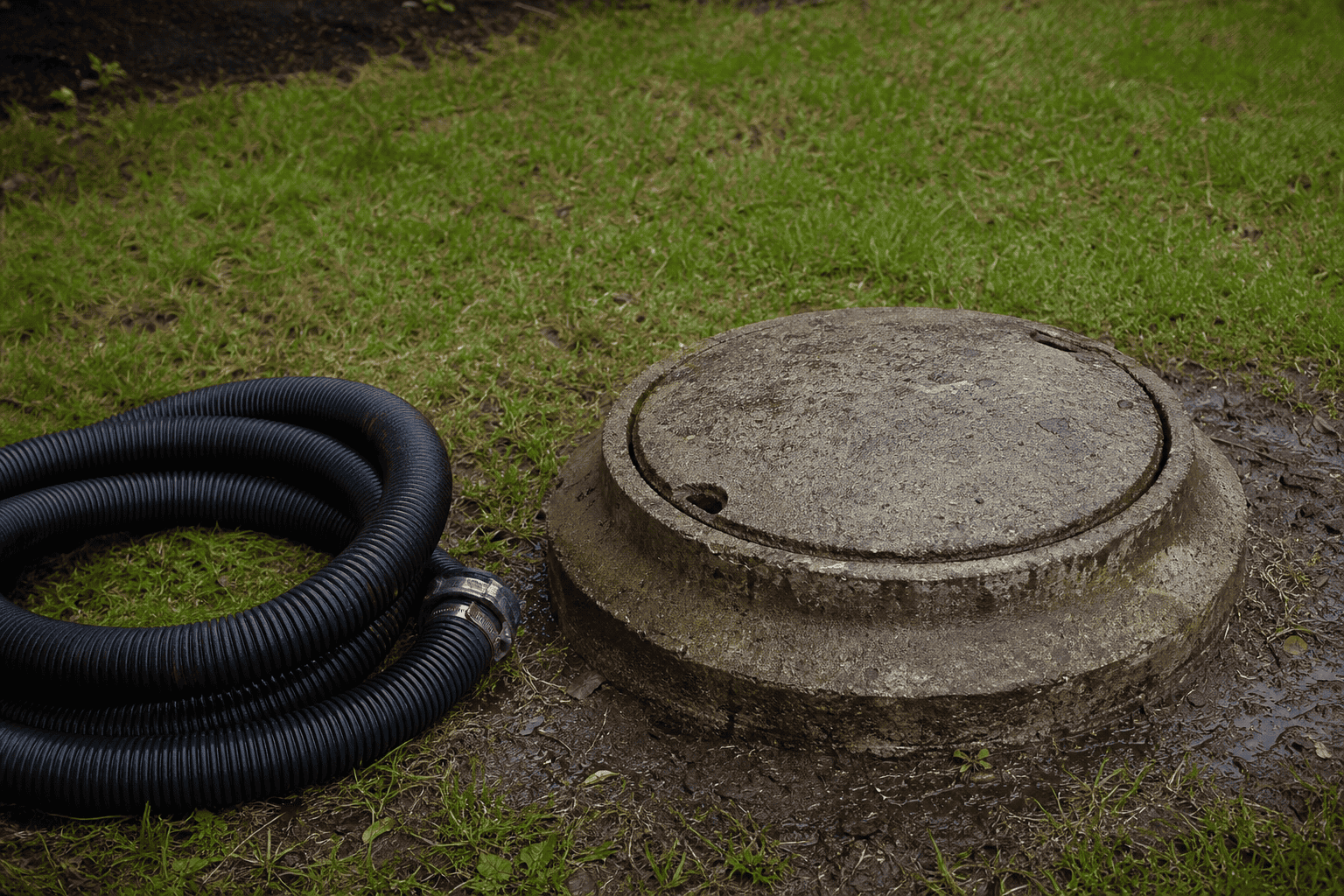 Vacuum hose coiled in a yard beside an exposed concrete tank lid