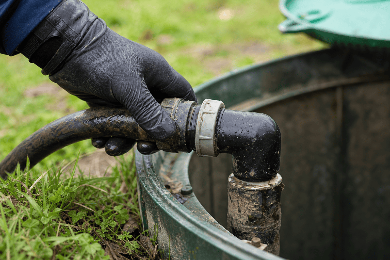 Gloved hand connecting a discharge line to a septic discharge pump in Northeast Ohio