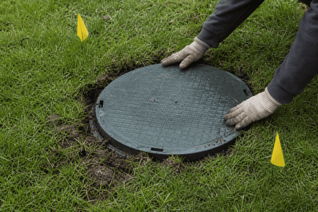 Septic tank access lid located in a lawn before septic tank pumping