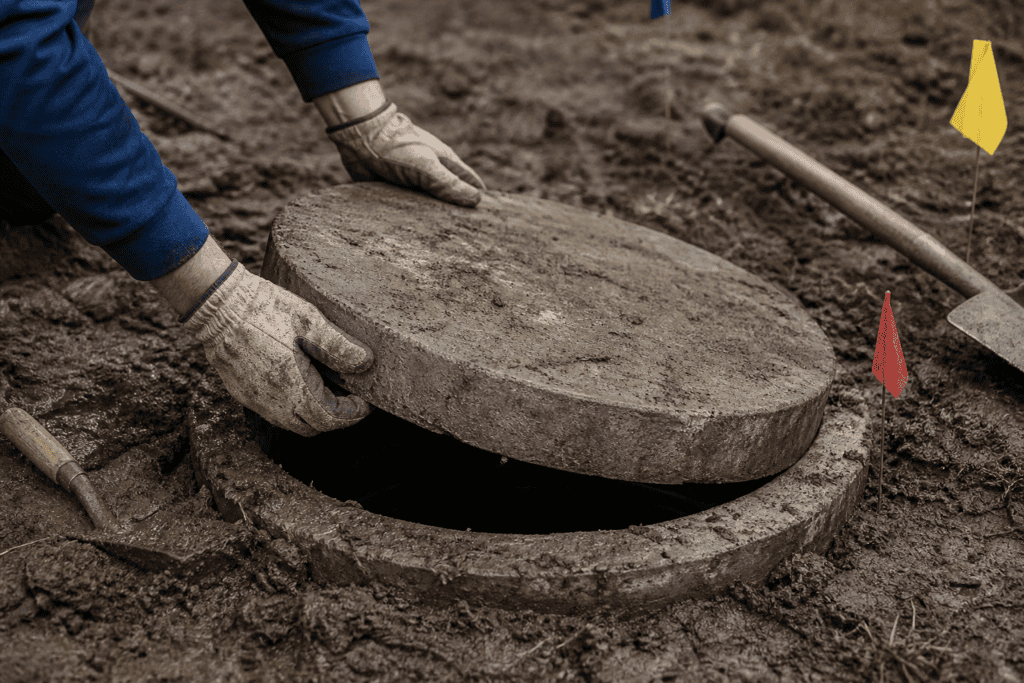 Opening a septic tank lid before septic tank pumping and inspection