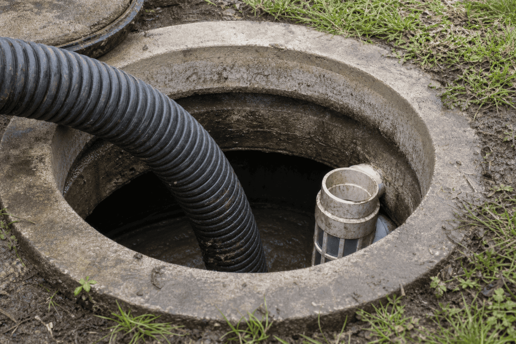 Septic tank pumping hose and filter inspection during a septic service visit