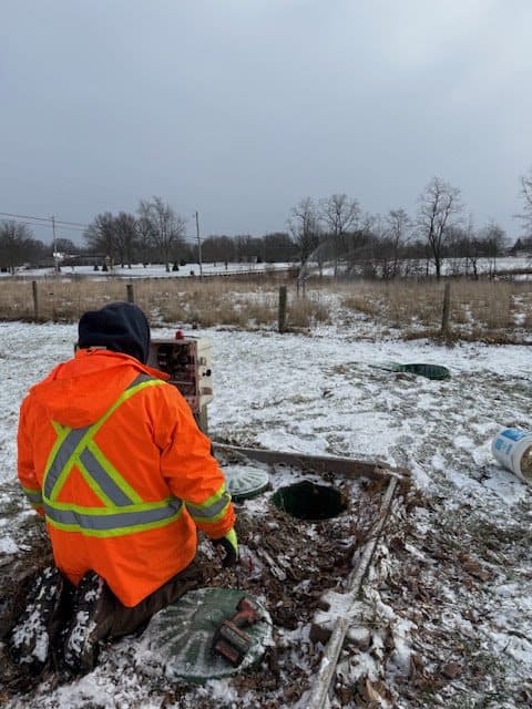 Medina-based Double Flush Septic technician at a septic tank lid on a winter service call Medina-based Double Flush Septic technician at a septic tank lid on a winter service call